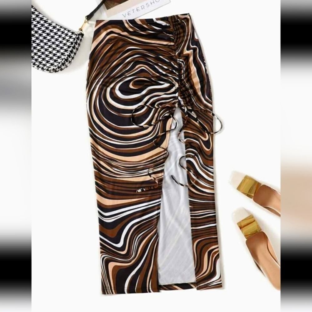 Ladies ALL over print ruched thigh split brown skirt sz XL